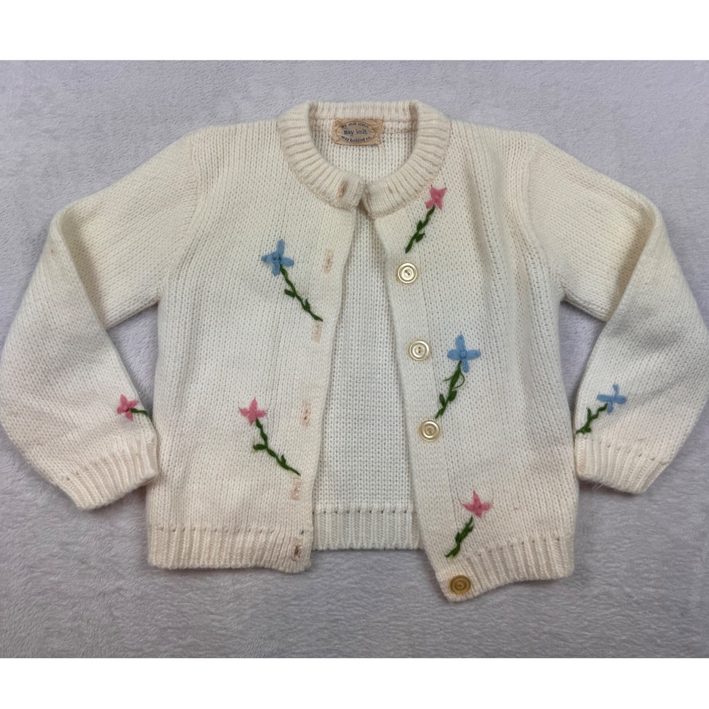 Vintage May Knit Cream Floral Embroidered Orlon Acrylic Cardigan Sweater Kids